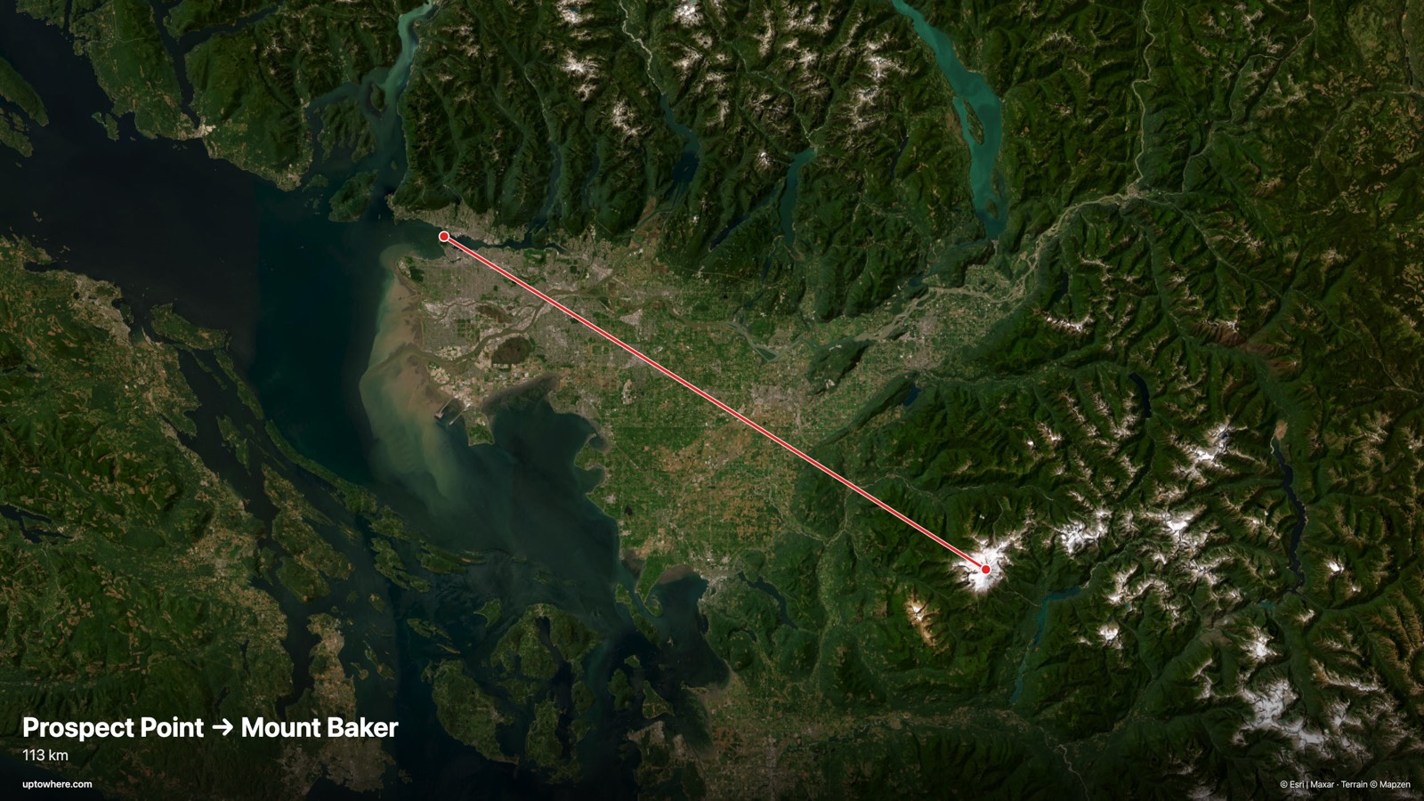 Satellite map with the sightline from Prospect Point, Vancouver to Mount Baker, USA drawn in red
