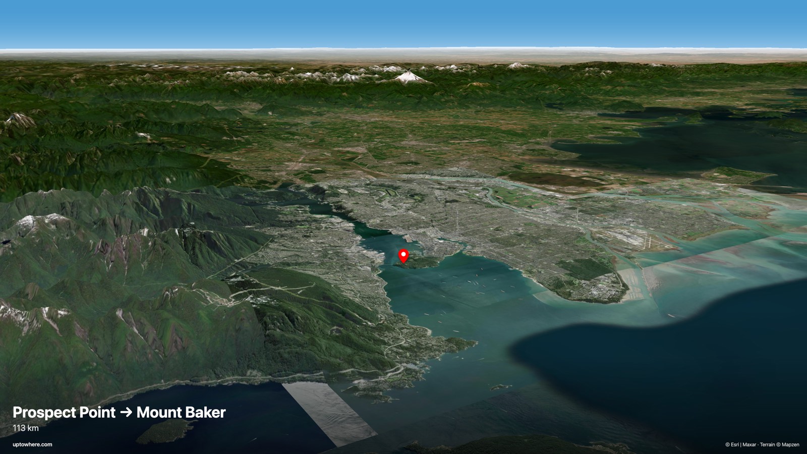 3D terrain view from Prospect Point, Vancouver toward Mount Baker, USA