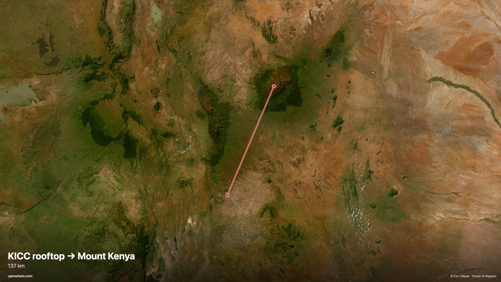Satellite map with the sightline from KICC rooftop, Nairobi to Mount Kenya (Batian) drawn in red