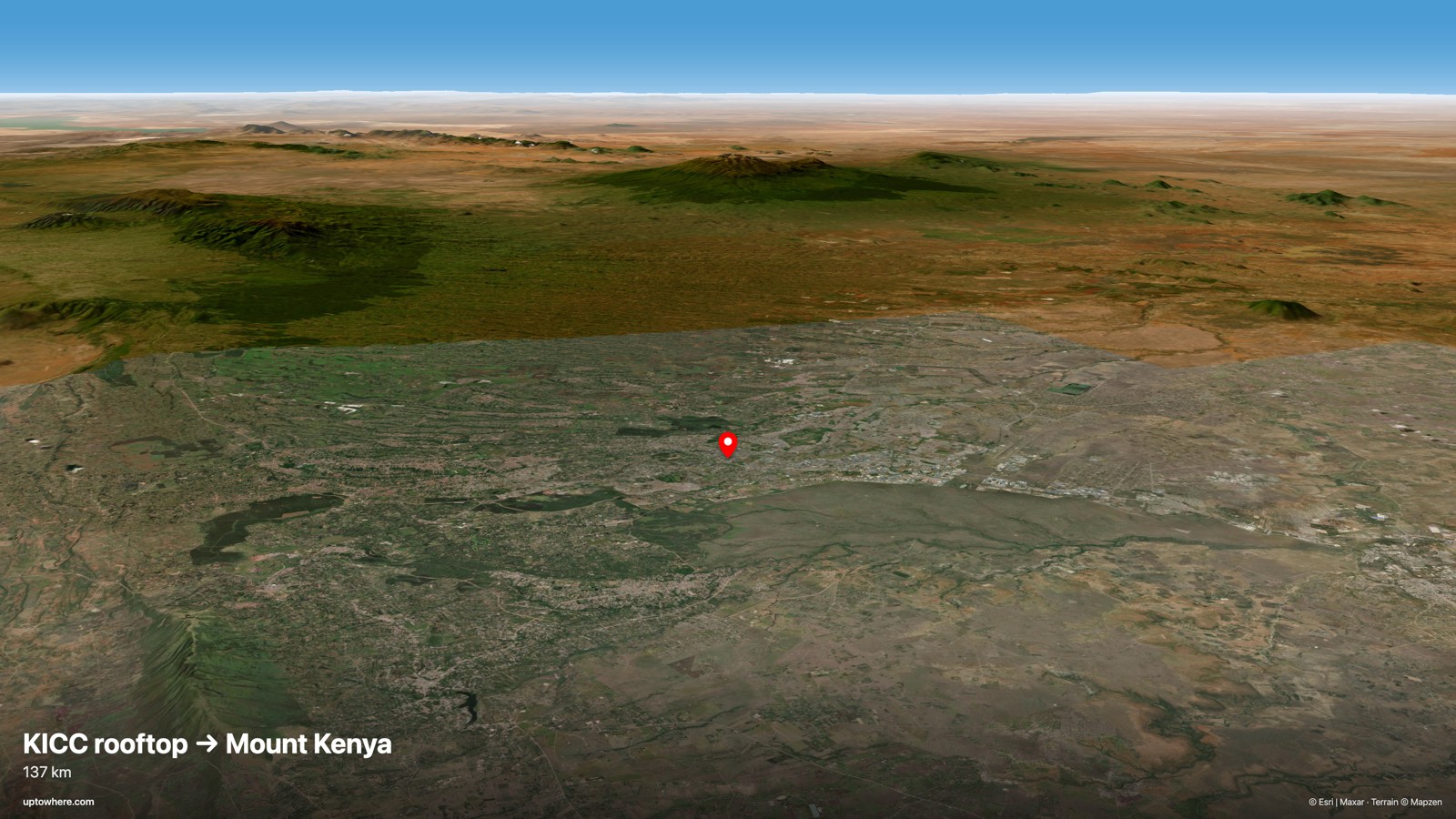 3D terrain view from KICC rooftop, Nairobi toward Mount Kenya (Batian)