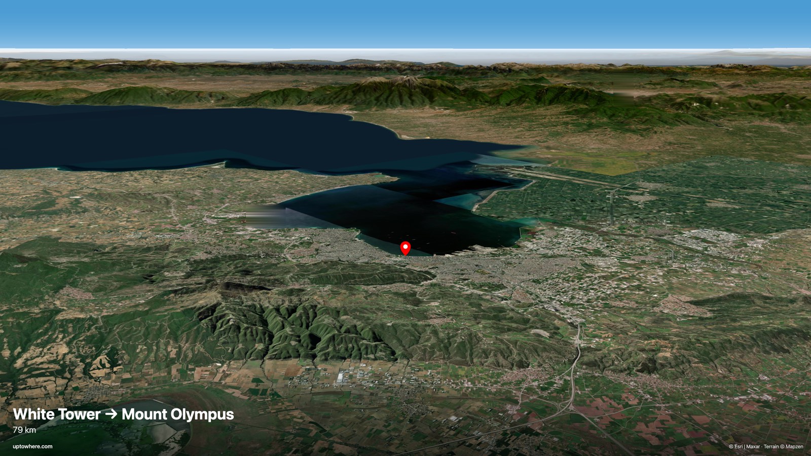 3D terrain view from the White Tower, Thessaloniki toward Mount Olympus (Mytikas)