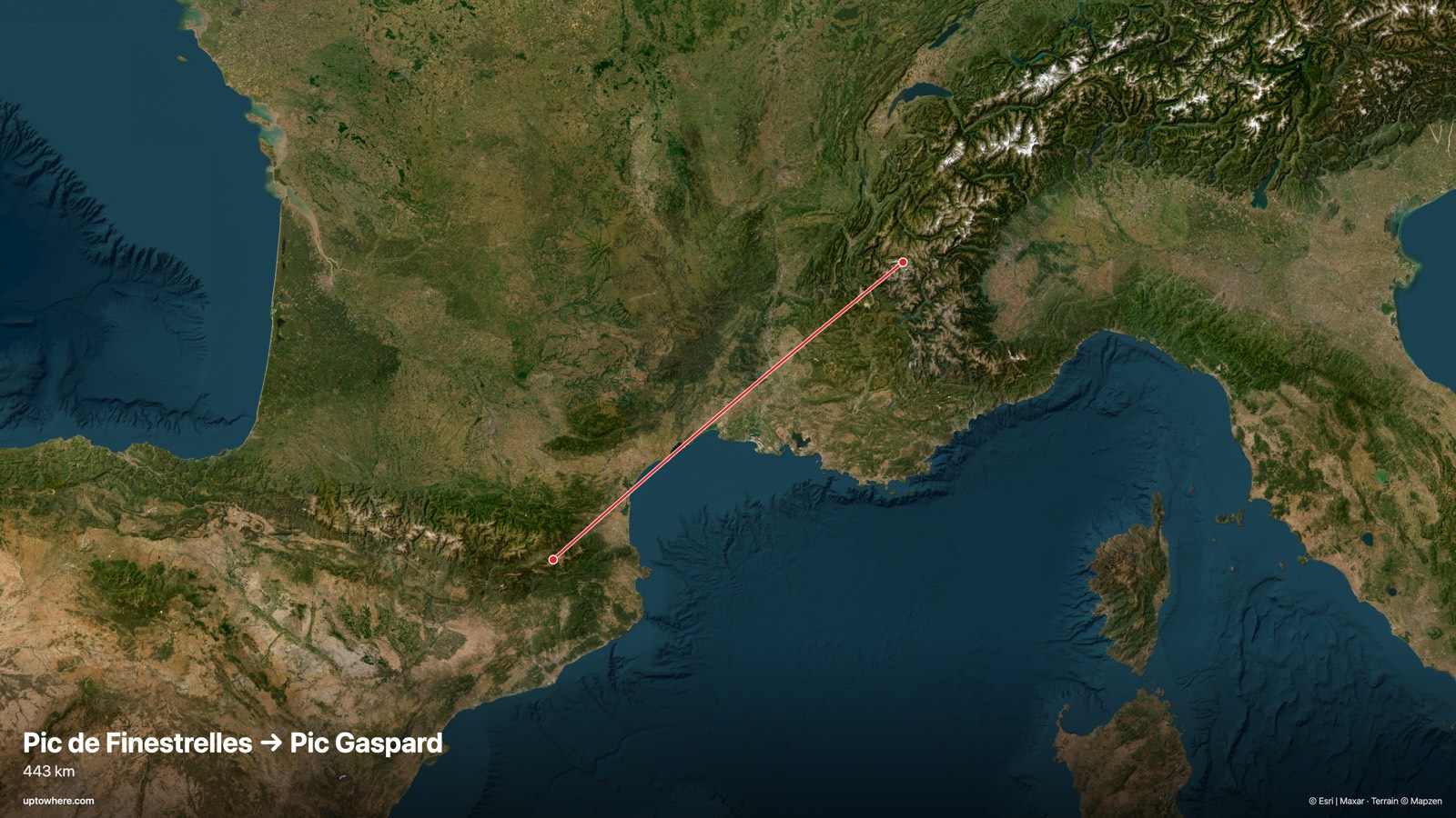Satellite map with the sightline from Pic de Finestrelles, Pyrenees to Pic Gaspard, French Alps drawn in red
