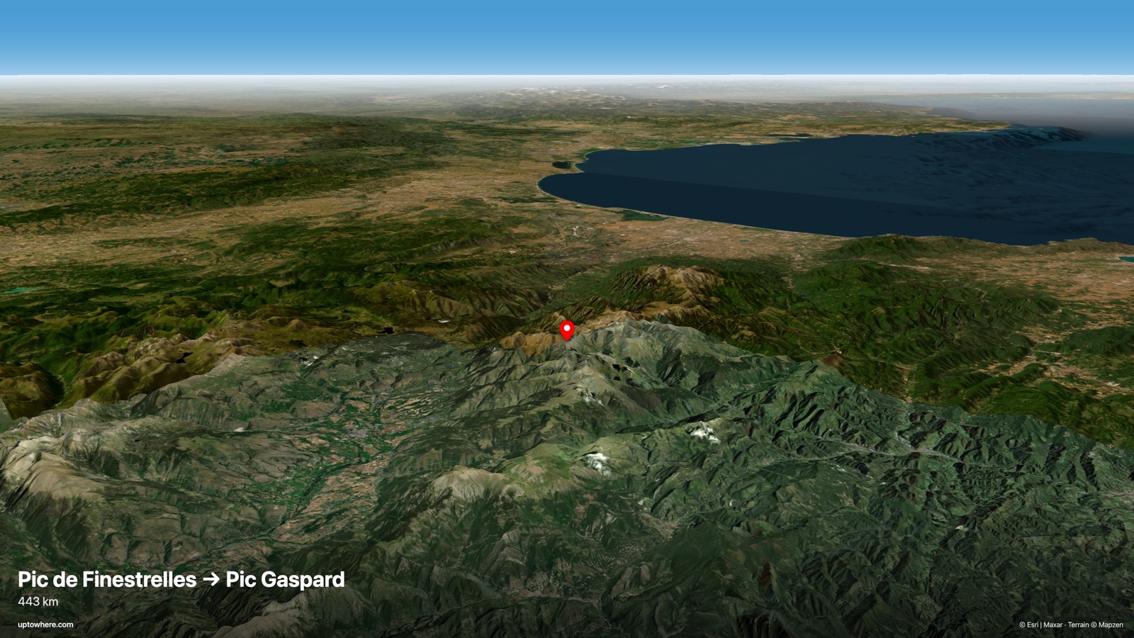 3D terrain view from Pic de Finestrelles, Pyrenees toward Pic Gaspard, French Alps
