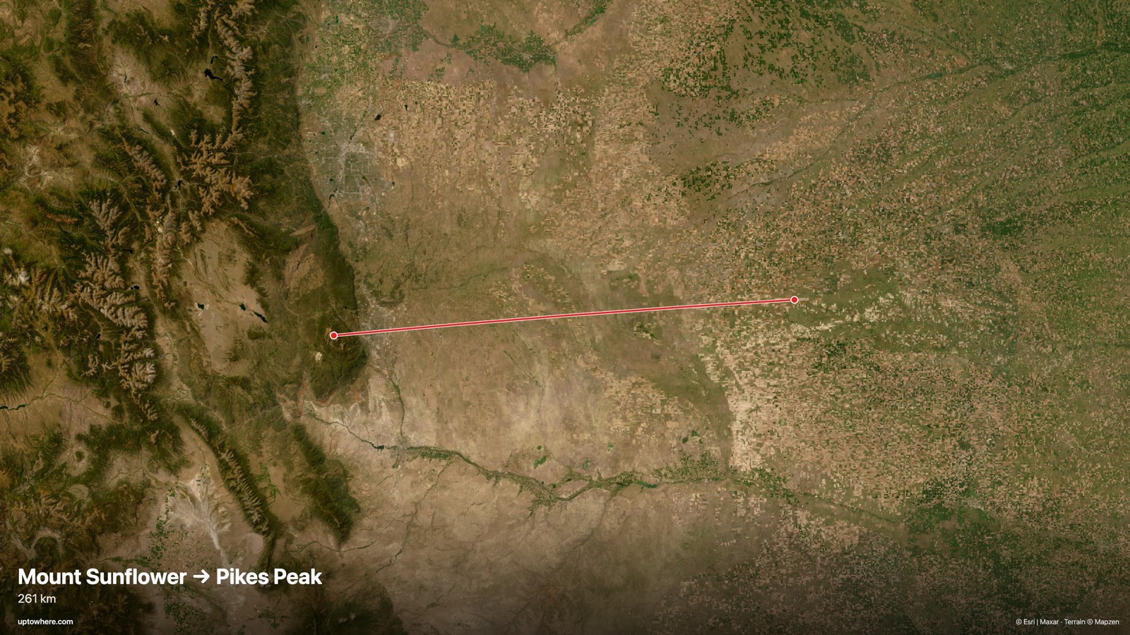 Satellite map with the sightline from Mount Sunflower, Kansas to Pikes Peak, Colorado drawn in red