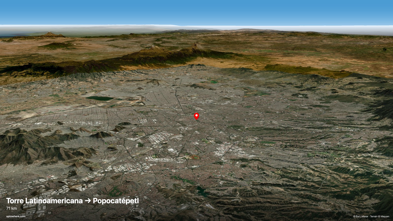 Vista 3D del terreno desde la Torre Latinoamericana, Ciudad de México hacia el Popocatépetl
