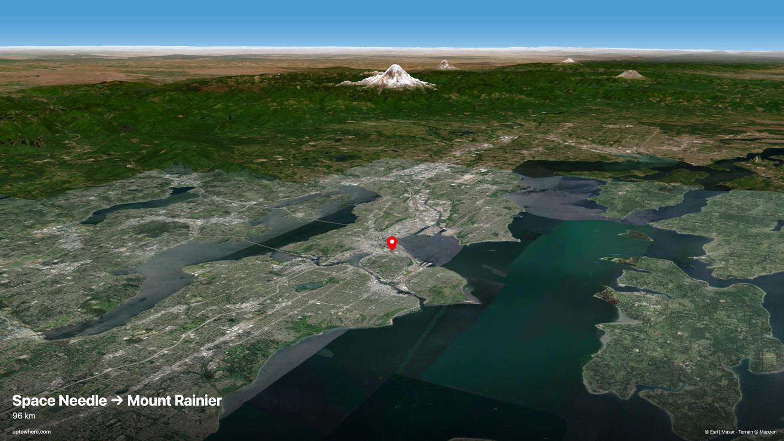 3D terrain view from the Space Needle, Seattle toward Mount Rainier