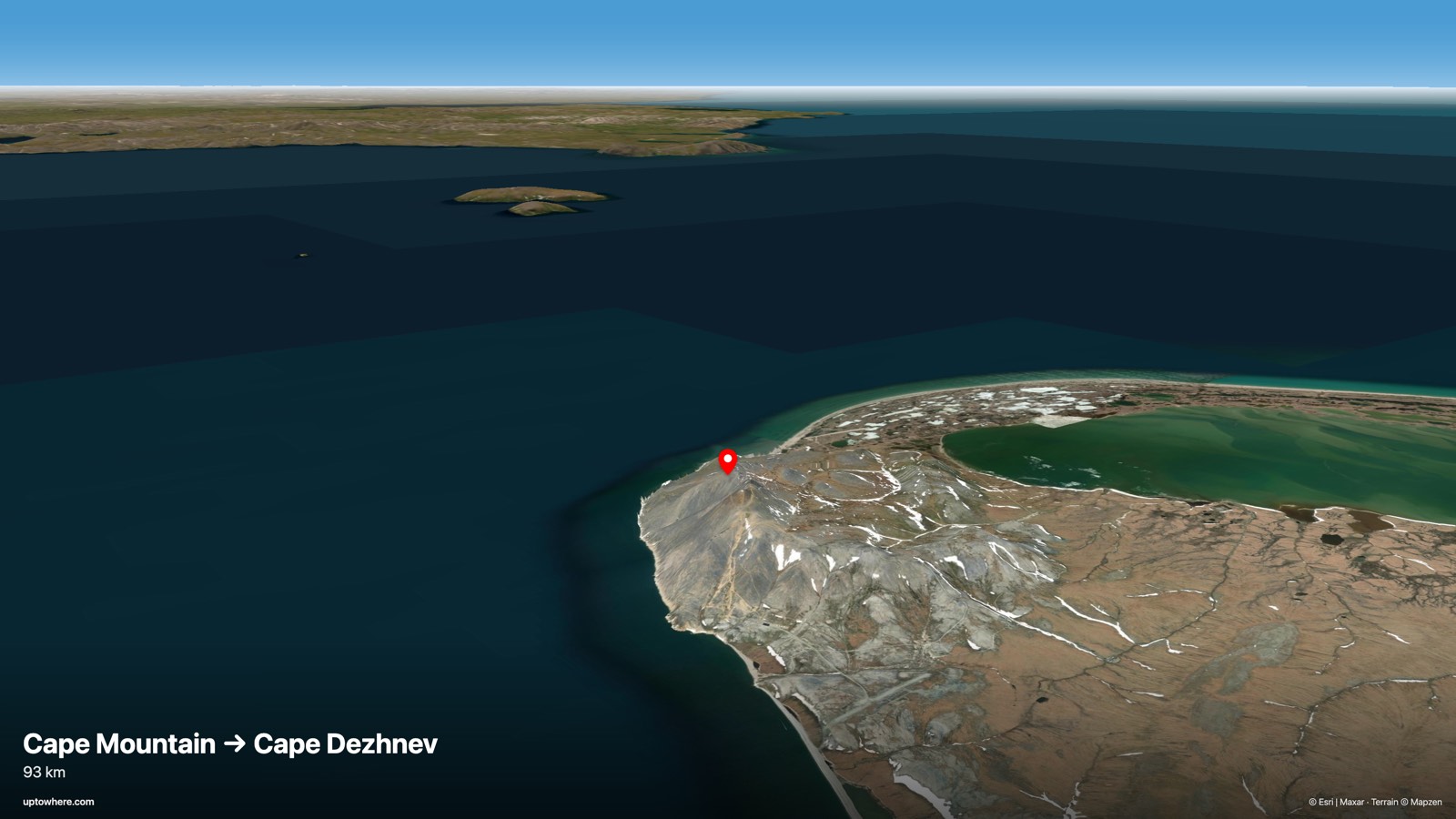 3D terrain view from Cape Mountain, Wales, Alaska toward Cape Dezhnev, Russia