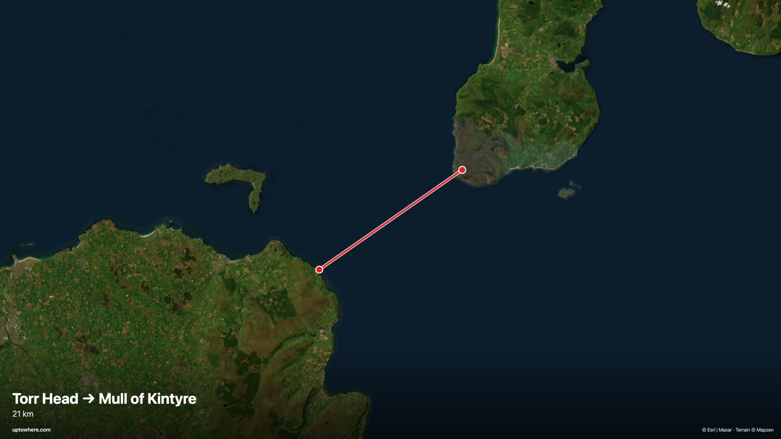 Mapa satelital con la línea de visión de Torr Head, Irlanda del Norte a el Mull de Kintyre, Escocia dibujada en rojo