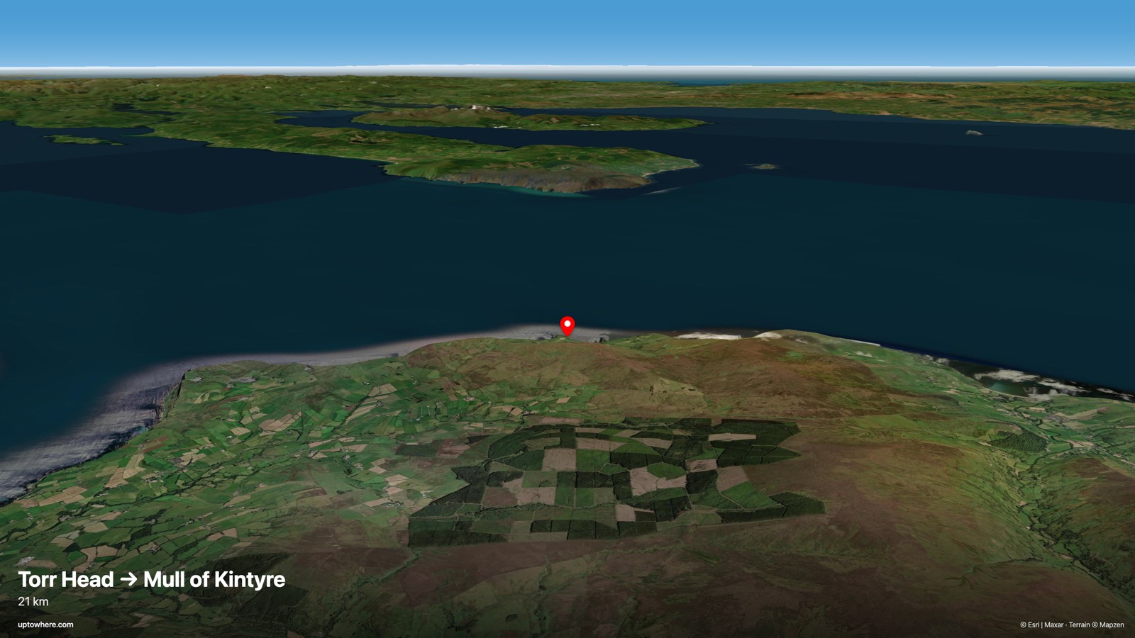 Vista 3D del terreno desde Torr Head, Irlanda del Norte hacia el Mull de Kintyre, Escocia
