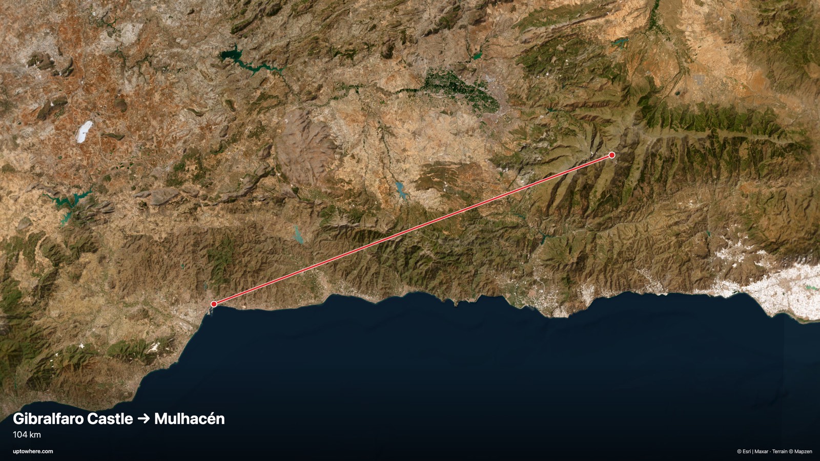 Satellite map with the sightline from Gibralfaro Castle, Málaga to Mulhacén, Sierra Nevada drawn in red