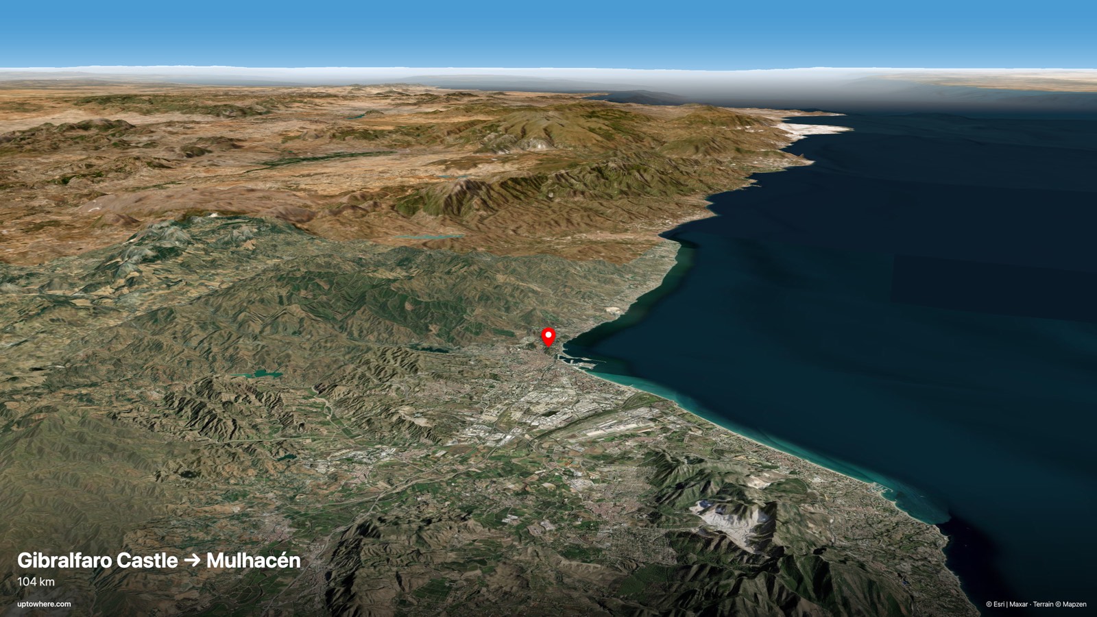 3D terrain view from Gibralfaro Castle, Málaga toward Mulhacén, Sierra Nevada