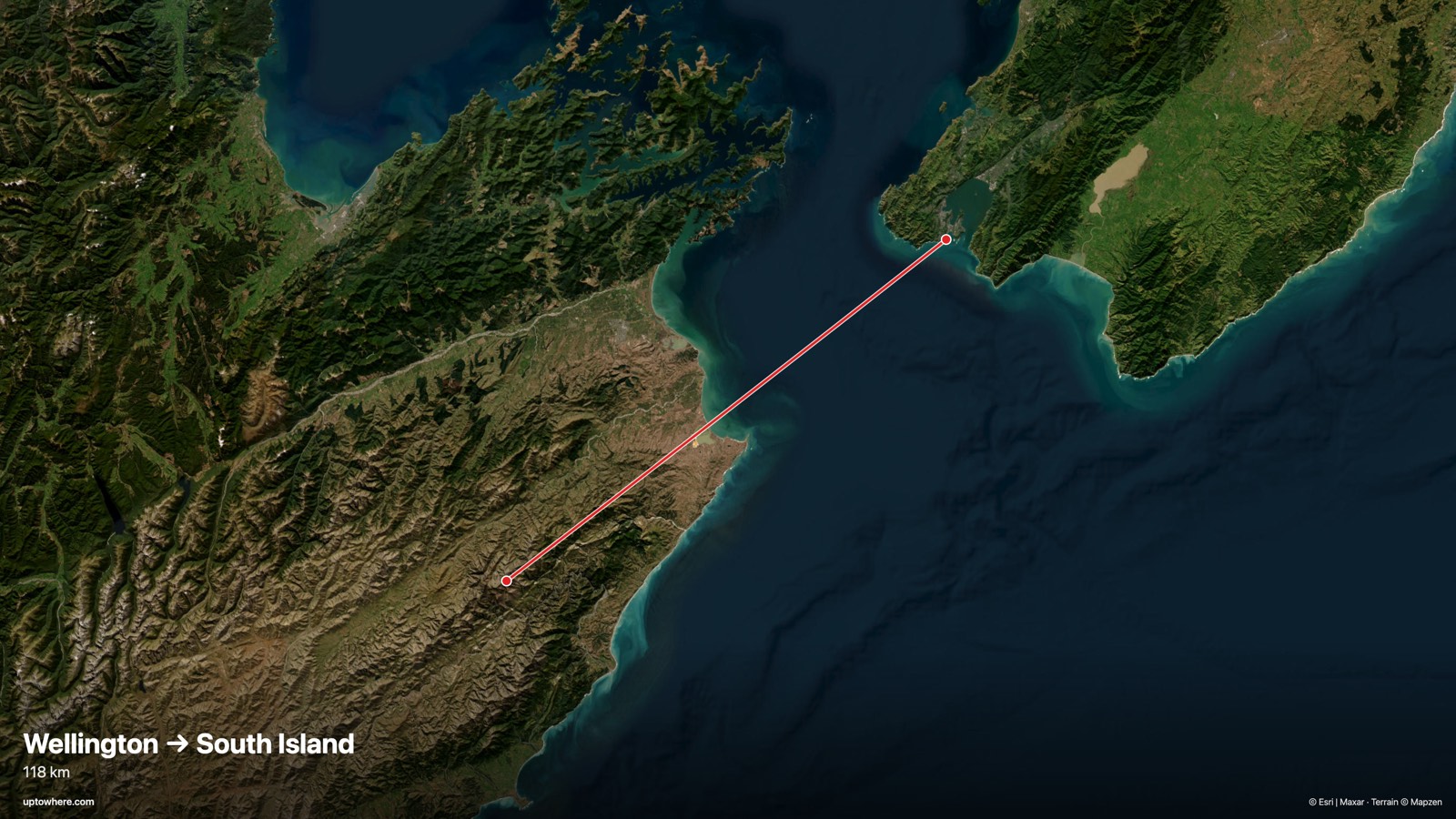 Mapa satelital con la línea de visión de Wellington (bahía Princess) a la Isla Sur (cordillera Kaikōura) dibujada en rojo