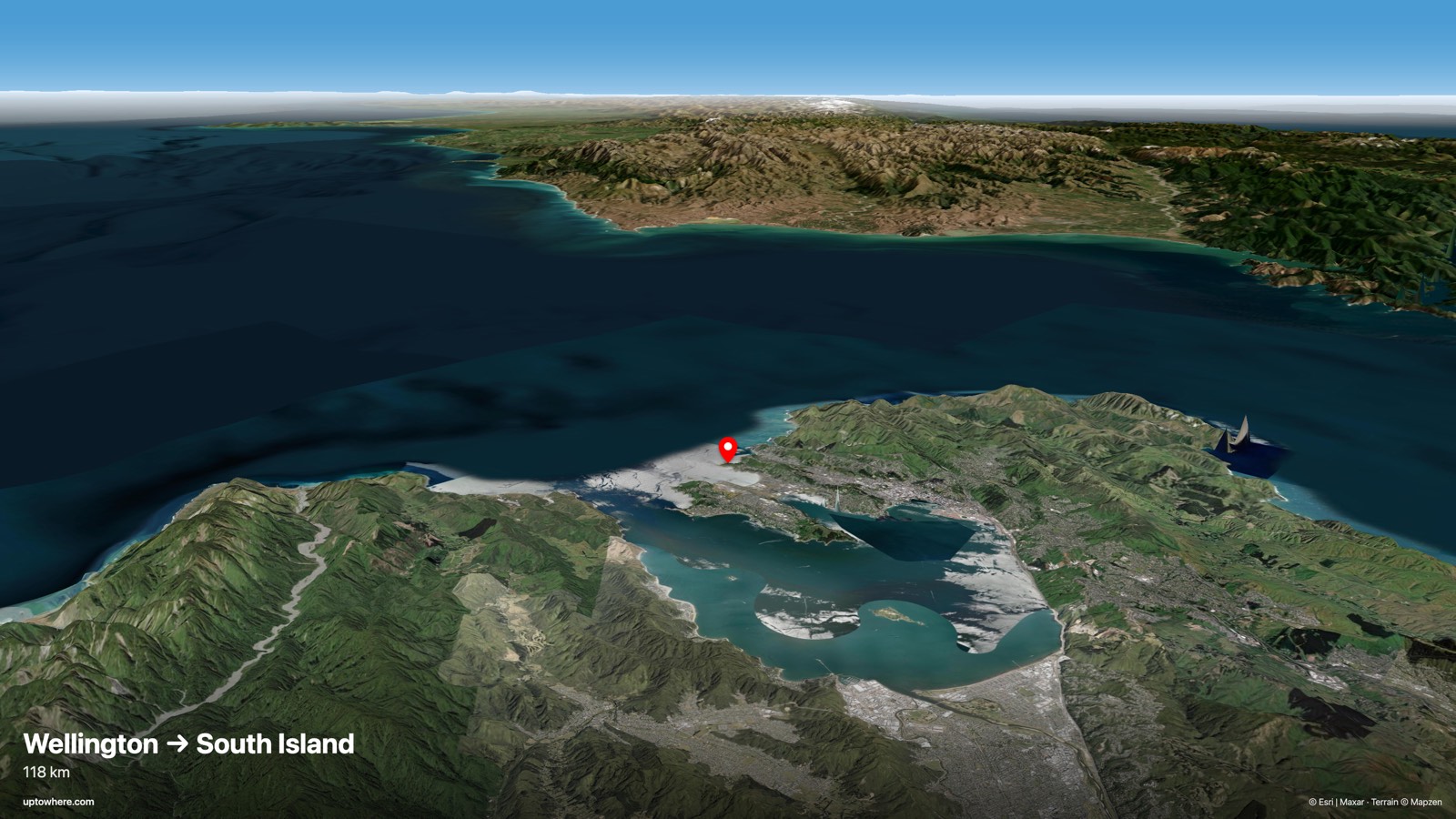 Vista 3D del terreno desde Wellington (bahía Princess) hacia la Isla Sur (cordillera Kaikōura)