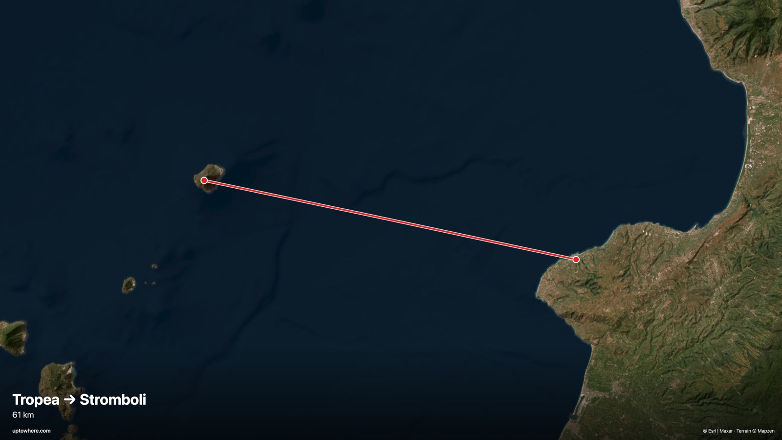 Satellite map with the sightline from Tropea, Calabria to Stromboli drawn in red