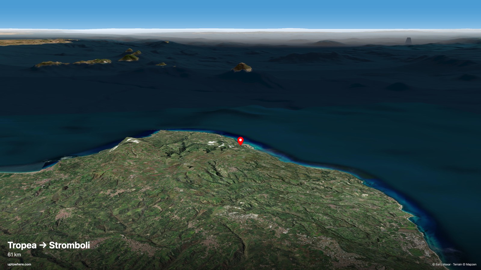 3D terrain view from Tropea, Calabria toward Stromboli