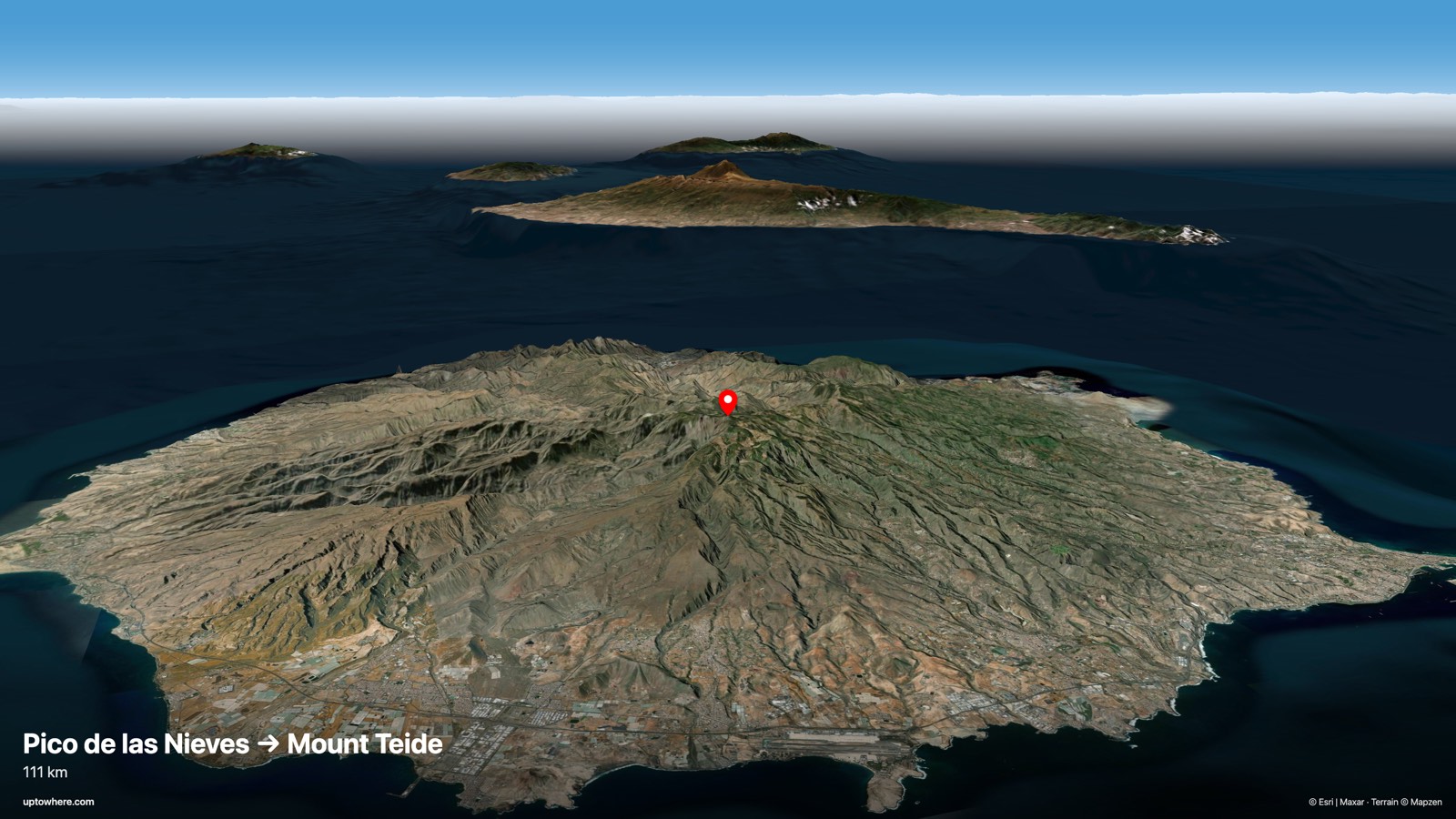 3D terrain view from Pico de las Nieves, Gran Canaria toward Mount Teide, Tenerife