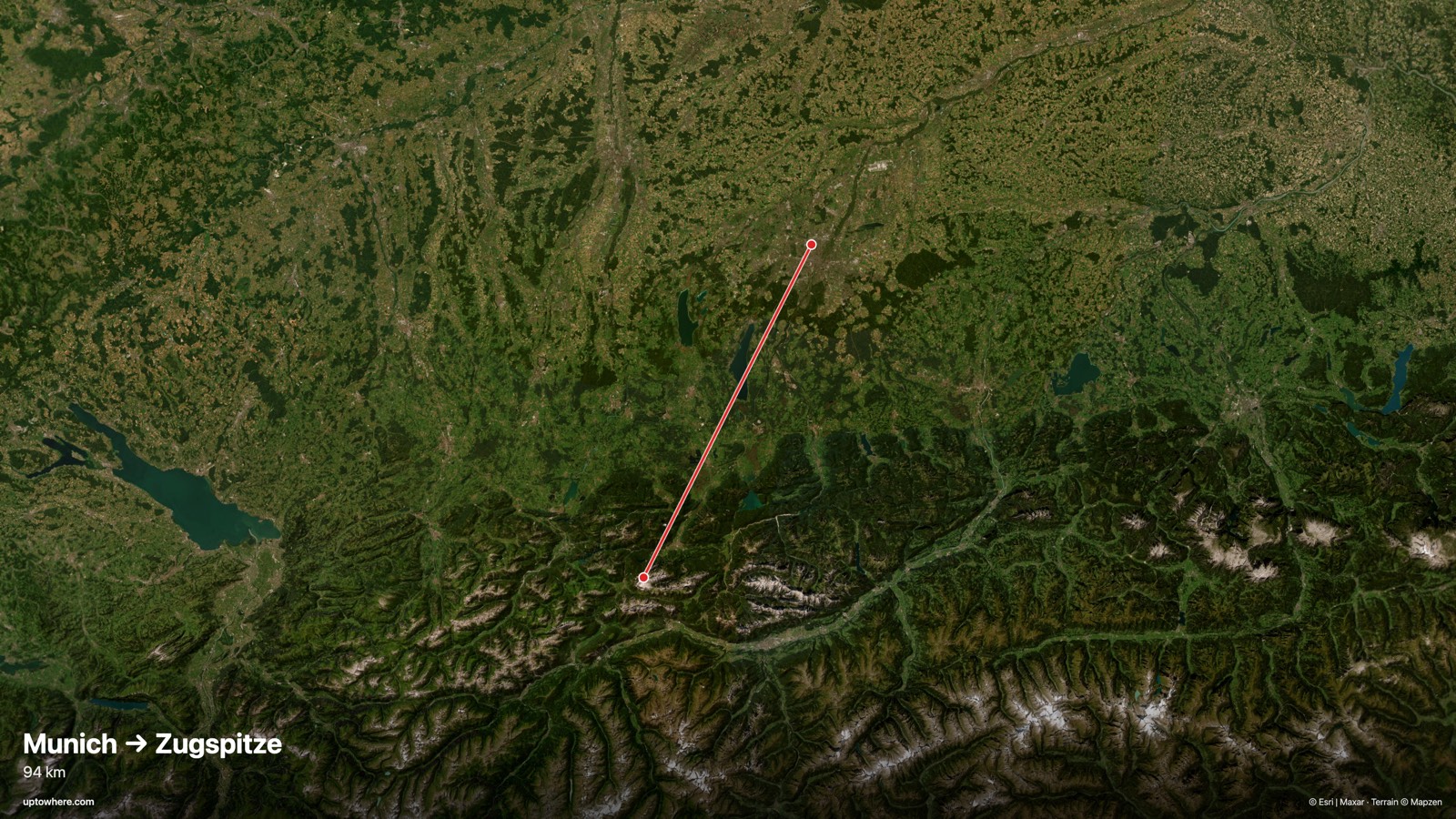 Satellite map with the sightline from Munich (Olympiaturm) to Zugspitze drawn in red