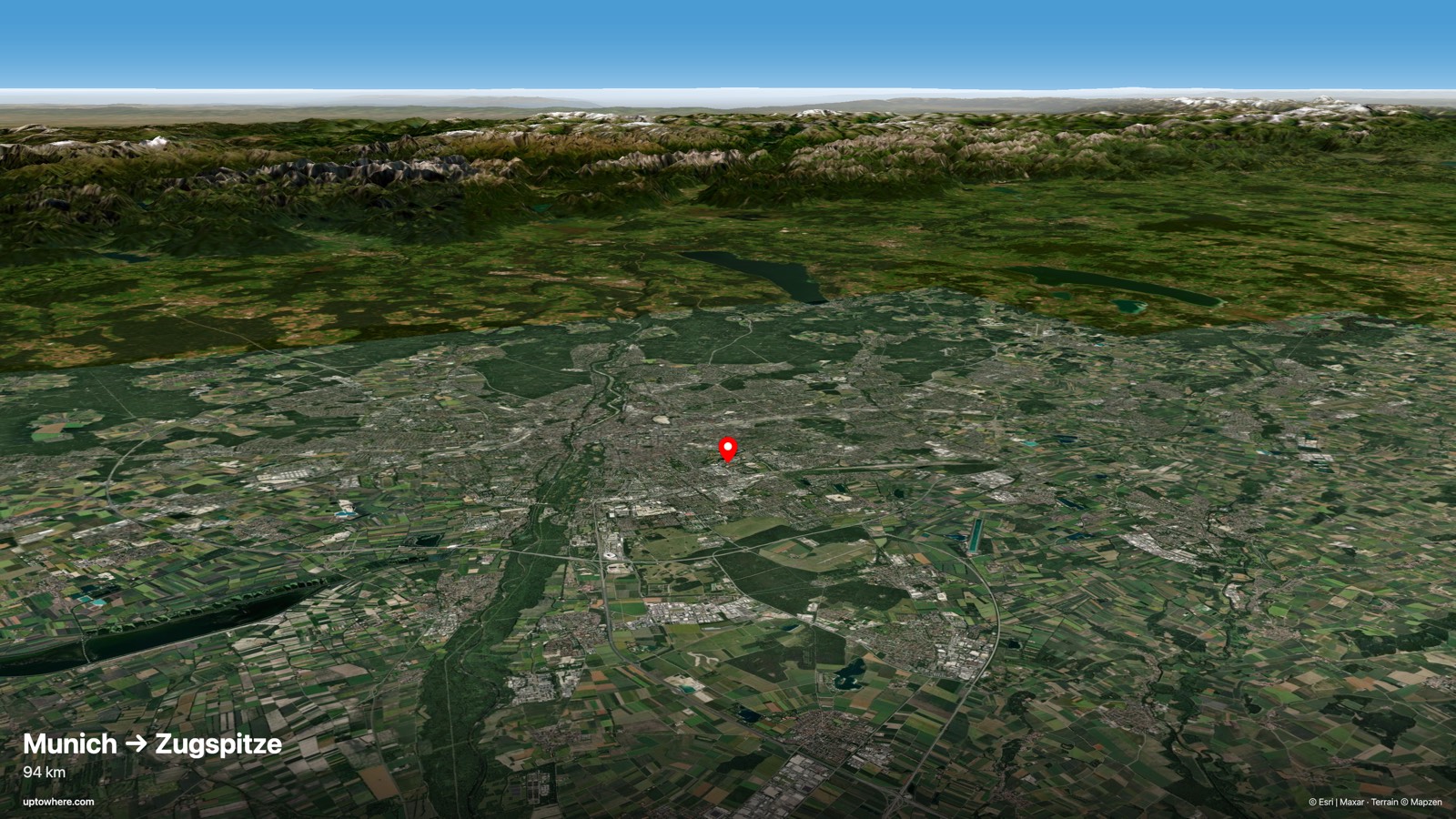 3D terrain view from Munich (Olympiaturm) toward Zugspitze